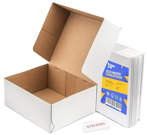 Packaging Hero 23 x 13 x 8 cm aprox. (9 x 5 x 3) White Corrugated Cardboard Mailing Boxes, gift boxes, e-commerce box with free clear round stickers (10 pack)