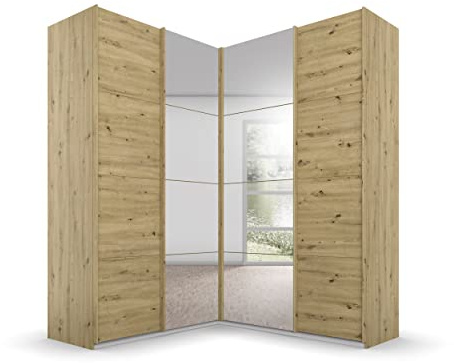 Rauch Möbel Quadra - Armadio angolare con ante sospese, 4 porte, con specchio, con 2 appendiabiti, 12 ripiani, 3 cassetti, 181 x 229 x 187 cm
