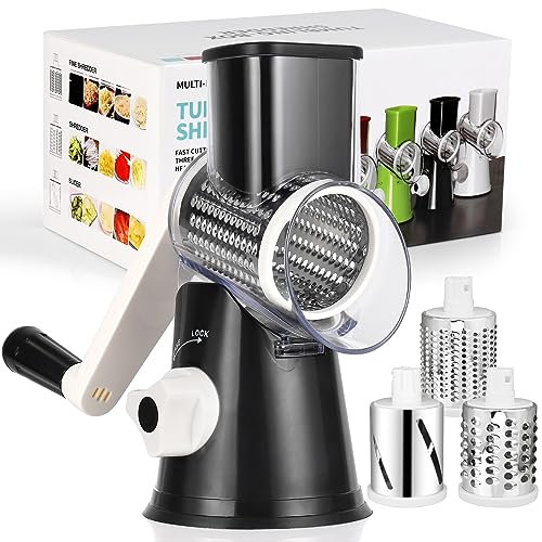 Diealles Shine Grattugia per Formaggio Rotante, Taglia Verdure Manuale Mandolina per Verdure con 3 Acciaio Inox Pale Tamburo per Cucina Verdure, Patate, Carote, insalate, Tritatutto (Nero)