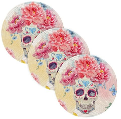 3 Pcs Trivet Tripod for Hot Dishes 15in Cotton Thread Weave Absorb Water Hot Pan Holder for Microwave Stove Kitchen Countertop Protector Watercolor Pattern Skull Peony Flowers Mexican