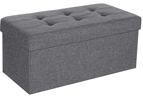 A406 Folding Ottoman Storage Box with Lids Pouffe Storage Unit Bench Foot Rest Stool Linen Fabric Bench with Resilient Sponge for Bedroom, Living Room & Entryway, Grey (Grey-Linen.76cm)