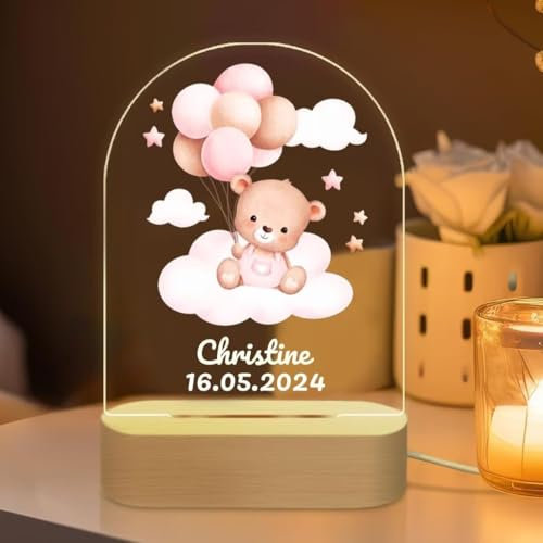 Luce Notturna Bambini Personalizzata, Lampada Personalizzata con Nome per Bambina, Regalo Neonata Femmina Nascita Bimba, Compleanno Idea Regalo Battesimo Natale, Arcobaleno, Orso rosa