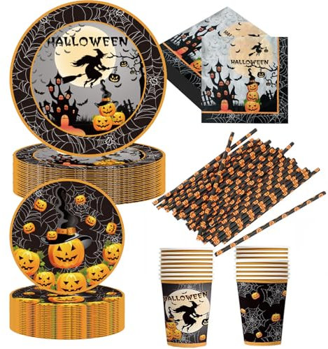 Chingcoo Set di stoviglie per Halloween, 100 pezzi, decorazione per Halloween, decorazione da tavolo, in piatti di carta, bicchieri, cannucce, adatte per Halloween, feste horror