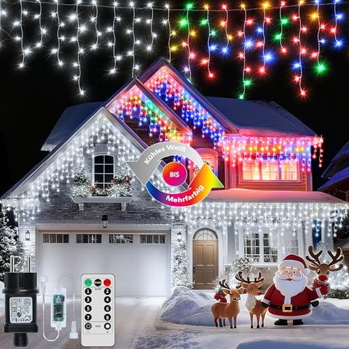 Holwim 800LED Guirlande lumineuse Eisregen, extensible 25+5 m, éclairage de Noël, rideau lumineux étanche IP65, 8 modes, prise, minuterie, fonction mémoire, pour l'intérieur et l'extérieur