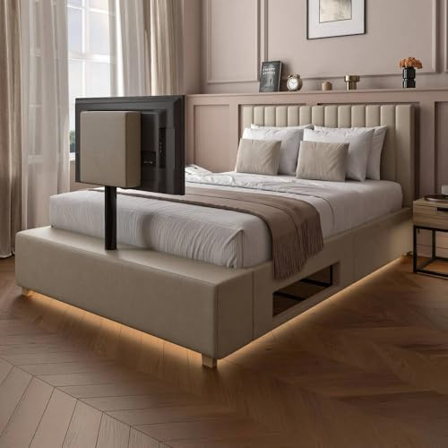 X-Rocker Maisie Velvet Double TV Bed Frame with Rotating TV Mount and Ambient Underbed RGB LED Lighting Double 4ft6 Low Sleeper Bedstead, Upholstered Fabric BedFrame XR LIVING - Natural Stone Beige