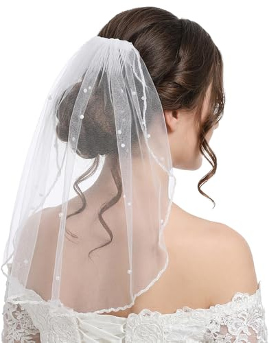 Nogeqi Bridal Veil with Comb, White Short Wedding Veil with Pearl, Bride Veils for Women Hen Night Party Bachelorette Party Bridal Shower Accessories (17.72 Inch)