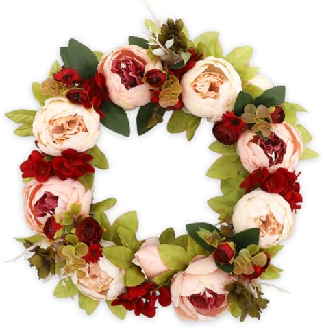 Corona de hortensias artificiales, 50 cm, corona de flores, corona decorativa para puerta, corona de pared, decoración de primavera para primavera, verano, Pascua, hogar, fiestas, puertas (rosa)