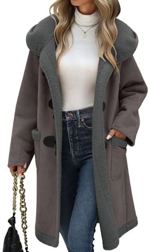 UMIPUBO Women Suede Sherpa Fleece Lined Duffle Faux Leather Coat Mid Length Hooded Toggle Jacket with Pockets, Winter Trendy Warm Outerwear(Dark Grey,L)