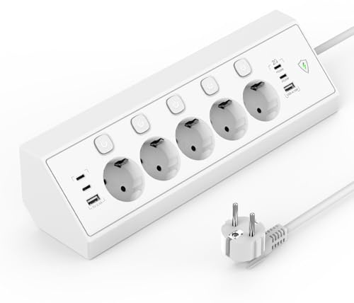 Regleta Enchufes de Esquina con USB C 20W, 5 Tomas Enchufe Multiple con 4 USB C y 2 USB A, Regleta Proteccion Sobretension con Interruptor, Enchufe de Mesa 1,8 m Cable para Cocina y Oficina, Blanco