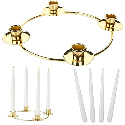 BRUBAKER Kransformad Ljusstake med 4 Vita Premiumljus – 22 cm Adventskransring för Värmeljus – Guldstjärna Accent – Metallkonstruktion för Säsongsbetonad Juldekoration