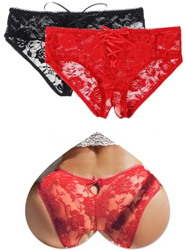 ohyeahlady Culotte Tanga Grande Taille Culotte String Dentelle String sans Couture Coton Tenue Lingerie sous Vetement Noir+Rouge,M-L