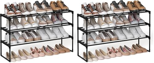 SONGMICS 3-Tier Shoe Rack, Shoe Storage Organiser, Metal Storage Rack, Upright or Upside Down, Fits 16 to 20 Pairs, Stackable, for Hallway, 30 x 92 x 55 cm, Black LSA303B02 (Pack of 2)