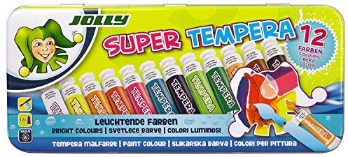 JOLLY Super Tempera Malfarben, 12 leuchtende und satte Farben, unverdünnt oder mit Wasser vermalbar, auf allen Materialien anwendbar