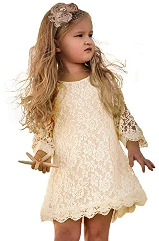 Flower Girl Dress, Lace Dress 3/4 Sleeve Dress (Ivory, 6-7 Years)