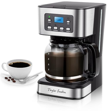 Taylor Swoden 12-Cup Programmable Coffee Maker, Regular & Strong Brew Drip Coffee Machine for Home and Office, Glass Carafe, Pause & Serve, Auto Shut Off, Black & Stainless Steel