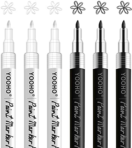 YOOHO Paint Pen White Black Acrylic Marker Set for Rock Wooden Tire Metal Leather Glass Painting, 0.7mm Fine Point Quick Drying (3pcs Black +3pcs White)