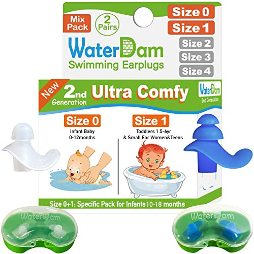 WaterDam Schwimm-Ohrstöpsel, wasserdicht, ultra-bequem, verhindern Schwimmer-Ohrstöpsel (Größe 0+1: Säuglinge 0-12 Monate (transparent) und Kleinkinder (blau))