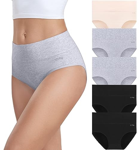 coskefy Underwear Women, High Waisted Cotton Knickers Ladies Full Briefs Soft Panties Slight Tummy Control Pants 5 Pack L