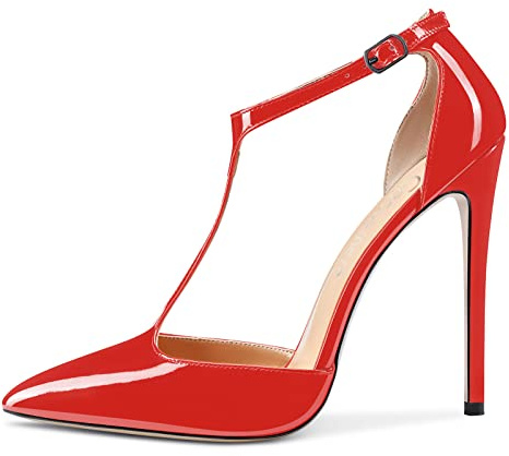 Castamere Femmes Haut High Aiguille Talon Heel Fermé Pointu Bout Escarpins T-Strap Lanières Cheville Sandales Clear Dress Mariage Chaussures Rouge Vernis 37 EU