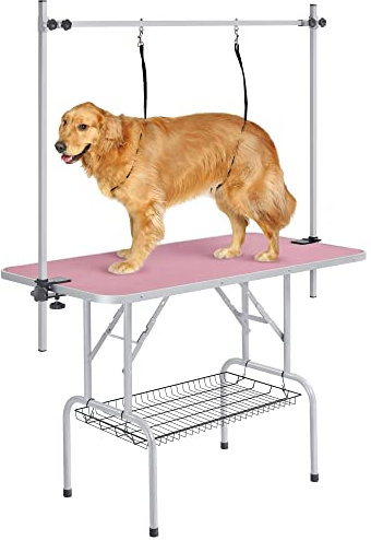 Yaheetech 46 Pet Dog Grooming Table Height Adjustable for Large Dogs, Pink | PVC Tabletop & Iron Metal Frame, Mesh Storage Basket & Adjustable Grooming Arm, For Large Dogs Cats Professional Pet Salon
