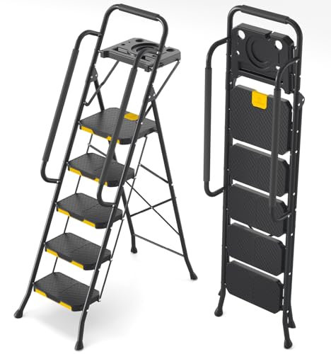 KINGRACK Leiter 5 Stufen mit Werkzeugplattform, trittleiter 5 Stufen klappbar mit Handläufen, stabile Stahlleiter mit breitem Pedal, tragbare Sicherheitsleiter für Erwachsene Malerei Haus