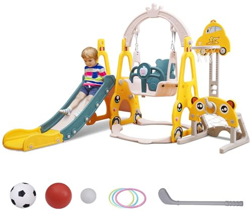 Sinbide 7 en 1 Toboggan Enfant avec Balançoire Aire de Jeux d'extérieur et l'intérieur pour Enfant Équipement de Jeu Toboggan Exterieur Excellent Cadeau Noël Anniversaire pour bébés
