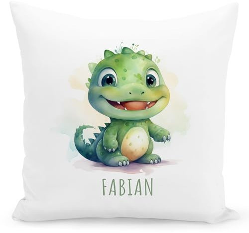 Dino Kissen personalisiert mit Namen Kinderkissen Kuschelkissen Kinder Geschenk Kinderzimmer Deko Junge Mädchen Zierkissen Dekokissen 40x40 cm inkl. Füllung und Bezug