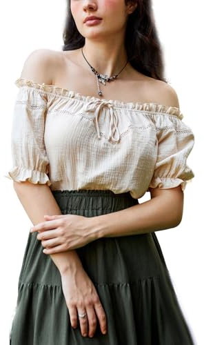 Women Renaissance Tops Puff Sleeve Off Shoulder Medieval Peasant Blouse Apricot S