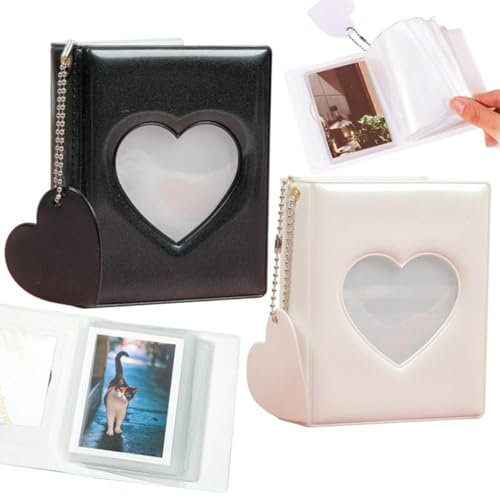 2Pcs Mini Einsteckalbum, BetterJonny Mini Fotoalbum 3 Zoll Liebesherz Hohl Fotohüllen mit Anhänger Kpop Photocard Binder Fotoalbum Fotokartenhalter Klein Fotobuch Fotokartenbinder, Weiß Schwarz