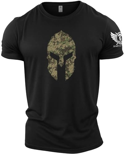 GYMTIER Spartan Forged - Spartan Helmet Woodland Camo - Men's Gym T-Shirt Bodybuilding Training Workout Lifting Top Clothing, Black, 3XL