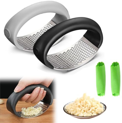 Garlic Crusher, Stainless Steel Garlic Press Crusher, Garlic Peeler Garlic Press Rocker Garlic Grater, Portable Manual Heavy Duty Garlic Chopper, Garlic Mincer for Household Kitchen Utensils (2PCS)