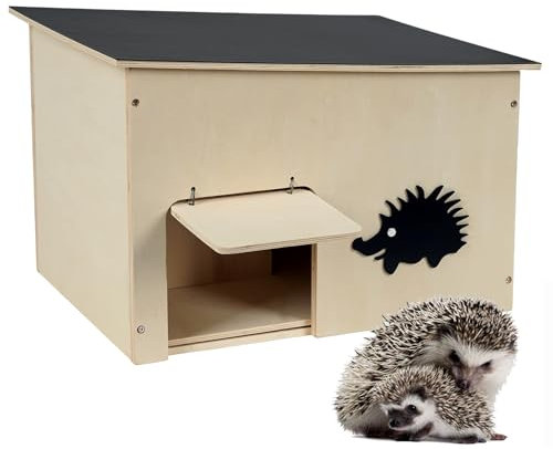 Großes Igelhaus mit Rattenklappe Winterfest, Holz Igelhotel für Winterschlaf und Sommer-Unterschlupf Igelfutterhaus Bausatz, HBT 26x30x37 cm