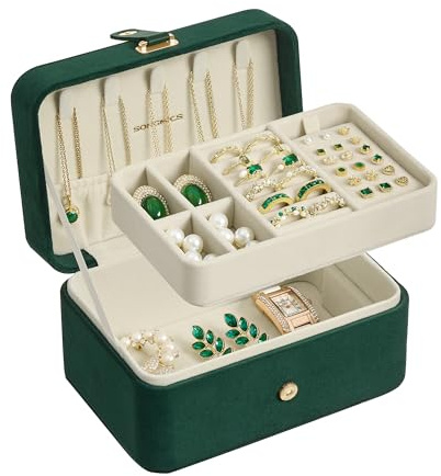 SONGMICS Jewelry Organizer Box, Travel Jewelry Case, 2-Layer Travel Case for Earrings, Necklaces, Bracelets - Portable Jewelry Storage with Large Capacity, Gift Idea, Retro Green UJBC166C04