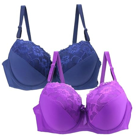 DFSDJEUW Under 10 pounds 2 Pack Bras for Women Plus Size Push Up Underwire Comfort Wireless Seamless Multipack Bralette Sexy Padded Lace Bras Soft Full Coverage Stick on Padded Bra Dark Blue 40B