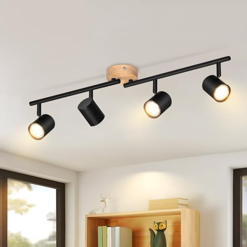 Deboola Deckenstrahler 4 Flammig Deckenlampe Wohnzimmer - Schwarz Holz 71CM Deckenspot GU10 Deckenleuchte Strahler Küchenlampe 350° Schwenkbar groß Spot für Küche Schlafzimmer Büro -Ohne Leuchtmittel