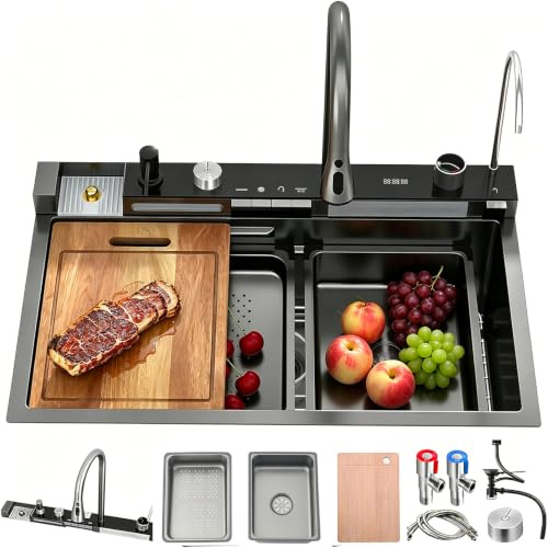 OMGMTSTORE Vattenfall-köksdiskbänk 80 x 45 cm, 1 handfat rostfritt stål diskbänk kök, modern stor svart antracit diskbänk kök, avlopp och överflödesset