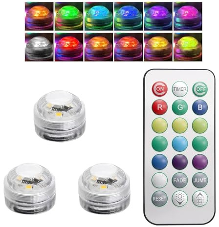 3Pcs Submersible LED Lights with Remote Small Waterproof RGB 16 Colors Changing Pond Tea Lamp Flameless Control Battery Operated Summer Pool Decor for Aquarium Vase Base Hot Tub Decorations Party