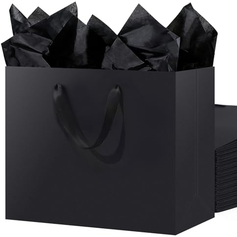 SHIPKEY 3 Pack Extra Large Black Gift Bags with Black Tissue Paper, 40x15x30cm Kraft Paper Shopping Bags with Ribbon Handles for Birthday, Wedding, Party, and Holiday Gifts
