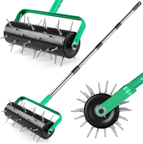 Aireador de césped con 42 puntas de acero, mango telescópico ajustable (107 – 179 cm), rodillo hueco para ajustar el peso, ventilación central para jardín y césped
