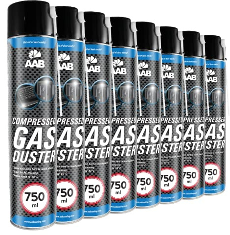 8 x AAB Compressed Gas Duster 750 ml - Luftdammare för dator, tangentbord, annan kontorsutrustning, luftkompressor, tryckluft för PC, tangentbordsrensare, aerosol, burk datorrengöringssats
