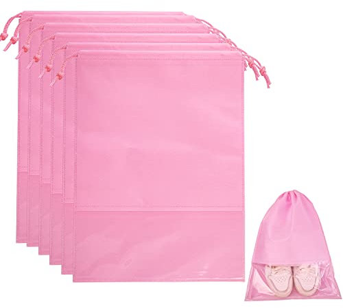 Ulife Mall 6 Stück Schuhbeutel, Wasserabweisend Schuhtasche Staubdicht Schuhsack Set mit Zugband und Durchsichtig Sichtfenster für Reisen oder Zuhause-Aufbewahrung, Rosa