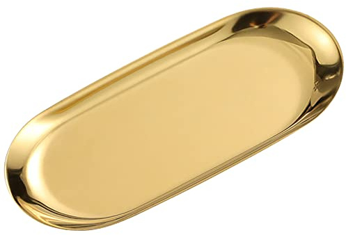 1 Pcs Gold Trinket Tray Oval Stainless Steel Small Serving Trays Towel Storage Dish Plate Tea Fruit Trays Jewelry Plate Decorative Storage Tray (Gold 1pcs, 9 x 3.8 Inch)