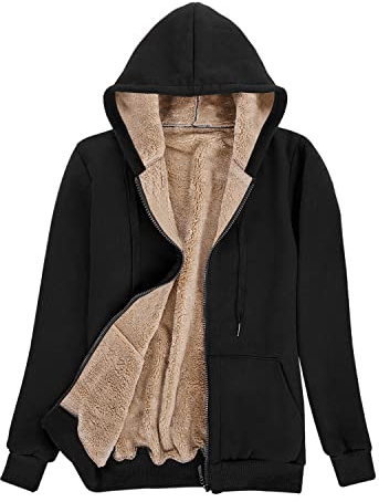 Voqeen Felpe Donna con Cappuccio Caldo Felpa in Peluche Cerniera Coulisse con Tasca Cappuccio Cordoncino Manica Lunga Sweatshirt Hoodies Cappotto Giacca Autunno Inverno(Nero,L)