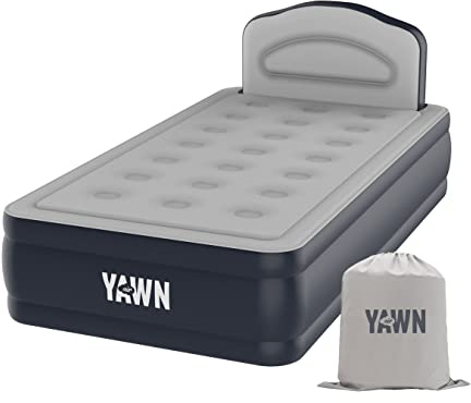 YAWN AIR Self-inflating Airbed - Great Guest Bed, Camping Mattress - Built-in Pump & Headboard - Grey Fabric Material - Available in UK Single, Double and King - Single Size