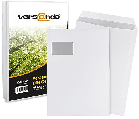 versando 100x Versandtaschen C4 mit Fenster Haftklebend 229 x 324 mm weiß: Briefumschläge für Büro, wichtige Unterlagen, blickdicht, einfach verschließbar