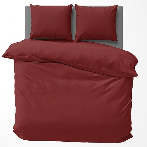 Visaggio Baumwolle Bettwäsche 220x240 cm Einfarbige Bettbezug Garnitur Schlafzimmer Set Bordeaux