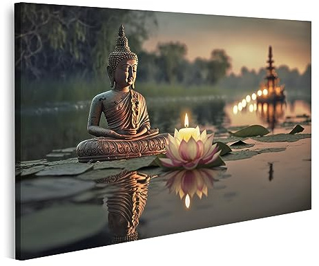 islandburner Cuadro sobre lienzo Buda Purnima Vesak Day Estatua Lotus Flower Candlelight River Buddha JEKF Cuadros Impresiones Murales Decoración de pared