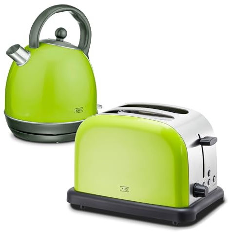 KHG Retro Frühstücksset | Toaster 2 Scheiben mit Brötchenaufsatz, 7 Bräunungsstufen 850W | Wasserkocher 1,7 Liter mit Abschaltautomatik 2200W | 2-teilig Lime Grün