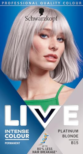Schwarzkopf LIVE Intense Colour Platinum Blonde Permanent Hair Dye B15, Long Lasting Blonde Hair Colour for Up to 80% Less Hair Breakage, Hair Lightener Lightens hair up to 3 levels