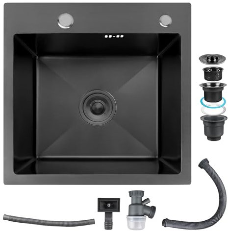 Fulgutonit Spülbecken Küche 45x45cm, Spüle Küche Modern mit Drainage Komponenten, Einbauspüle Edelstahl Waschbecken mit 2 Löchern für Wasserhahn, Seifenspender, 1 Becken